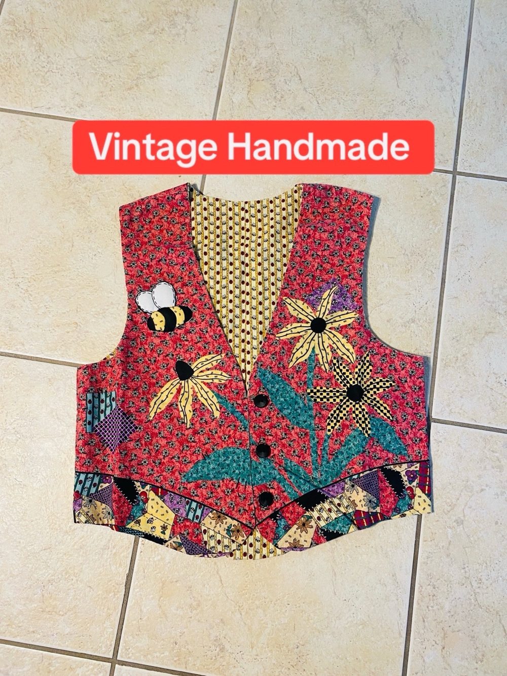 Vintage Quilted Floral Patchwork Vest - Red, Yellow, Green